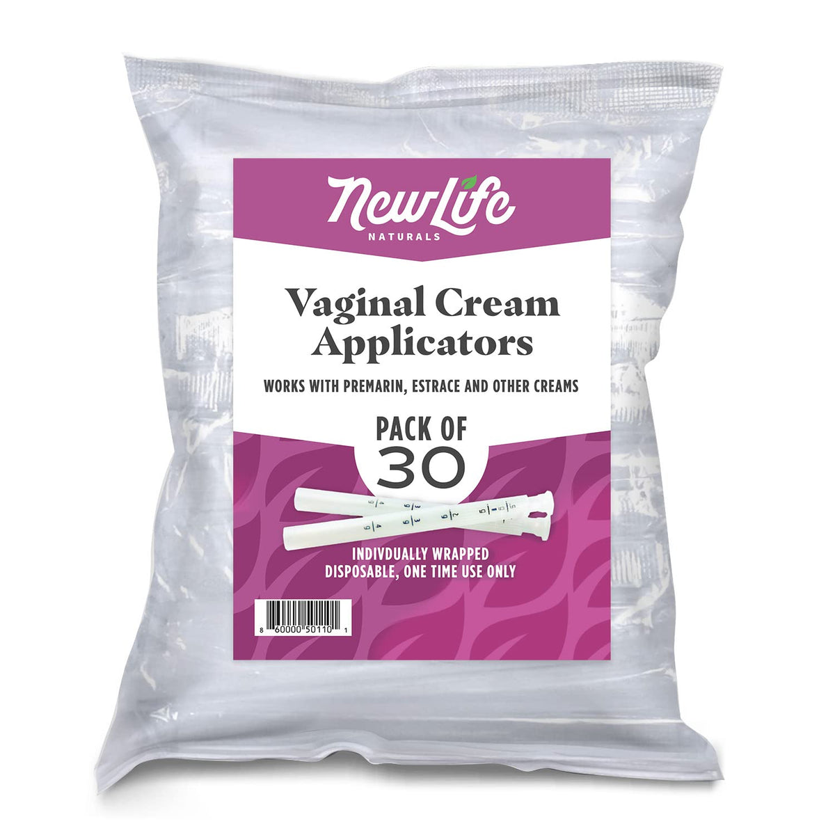 NewLife Naturals disposable plastic vaginal applicator pack for hygienic, one-time use and mess-free dosing.