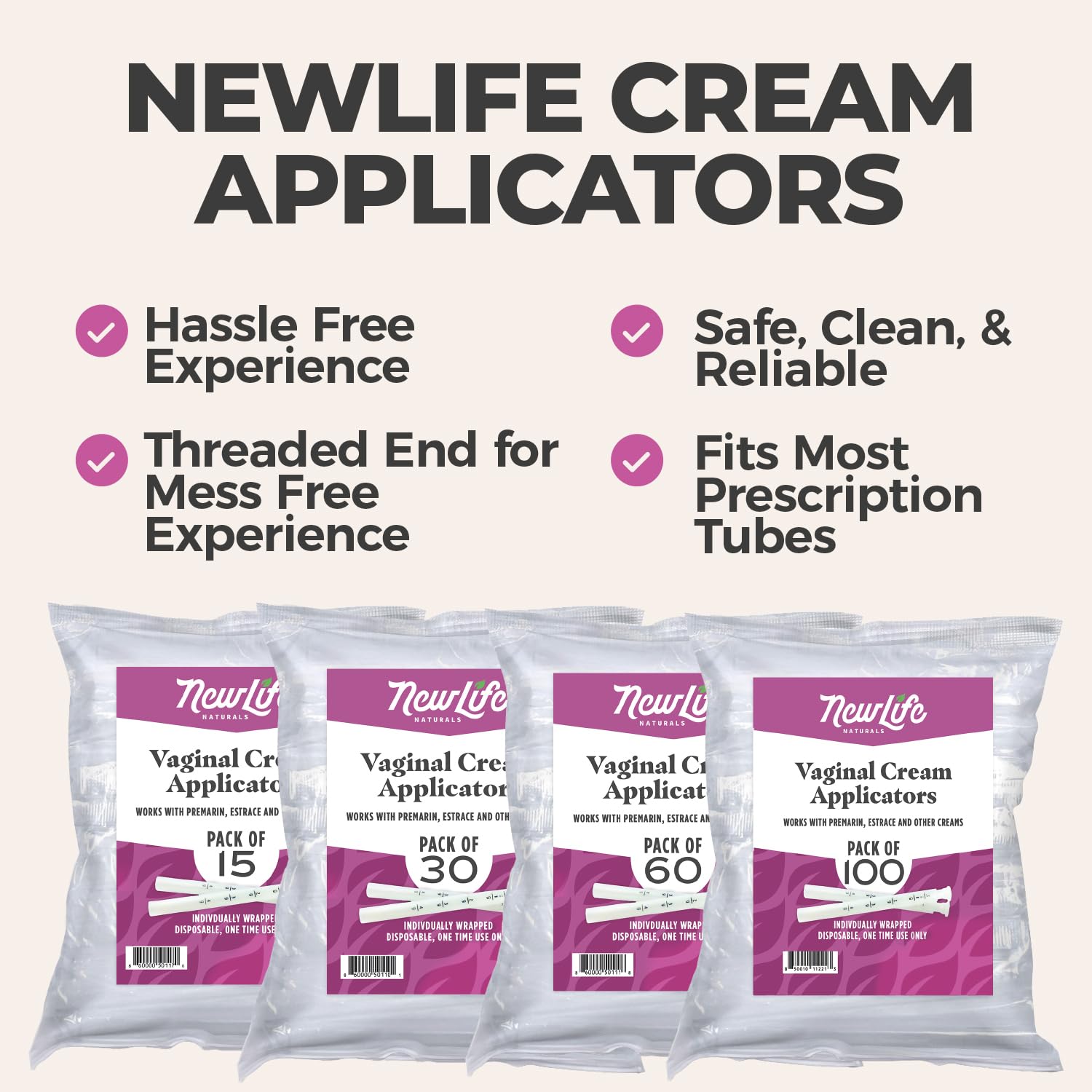 NewLife Naturals individually wrapped applicators from the USA emphasizing sterile, single-use convenience.
