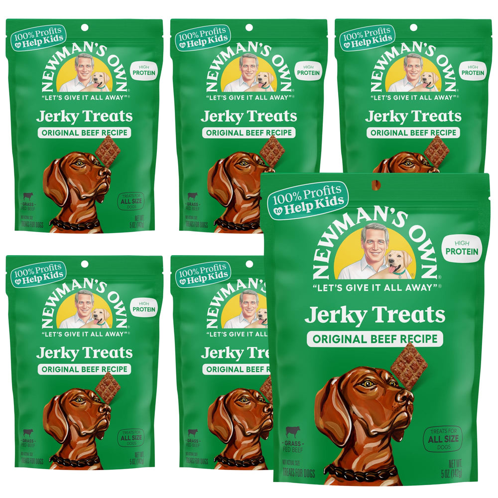 Newman's Own beef jerky dog treats 5oz bag, protein-rich and chewy rewards.