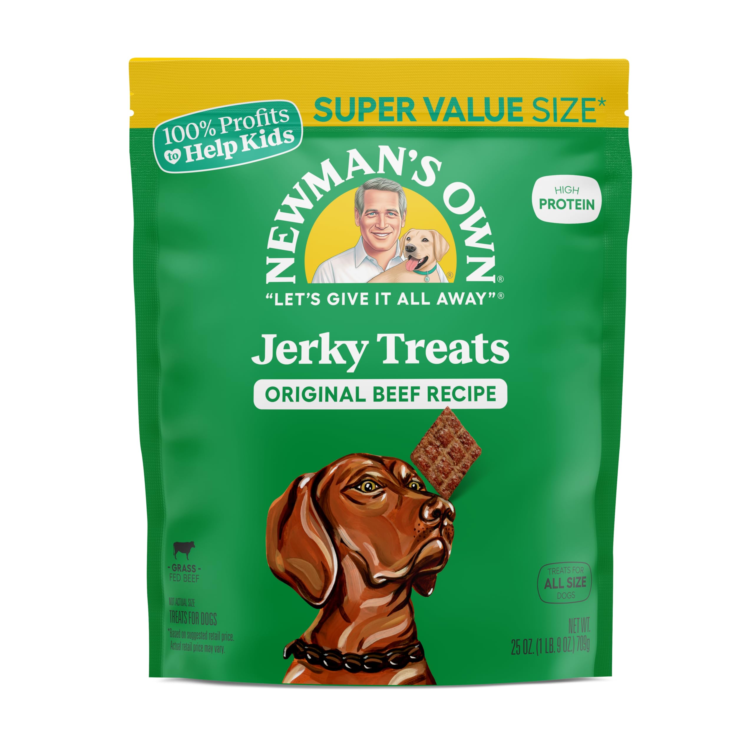 Newman's Own beef jerky dog treats bag front, ideal for rewarding dogs.