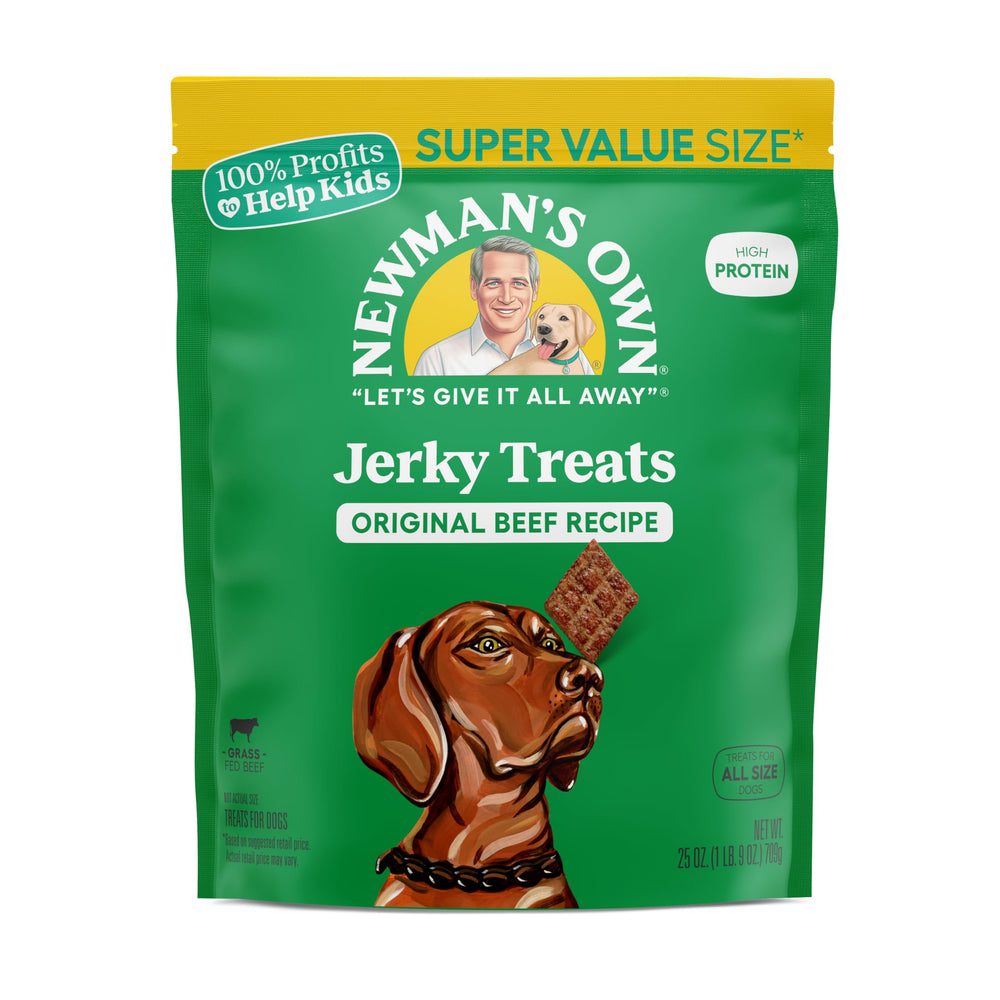 Newman's Own beef jerky dog treats bag front, ideal for rewarding dogs.