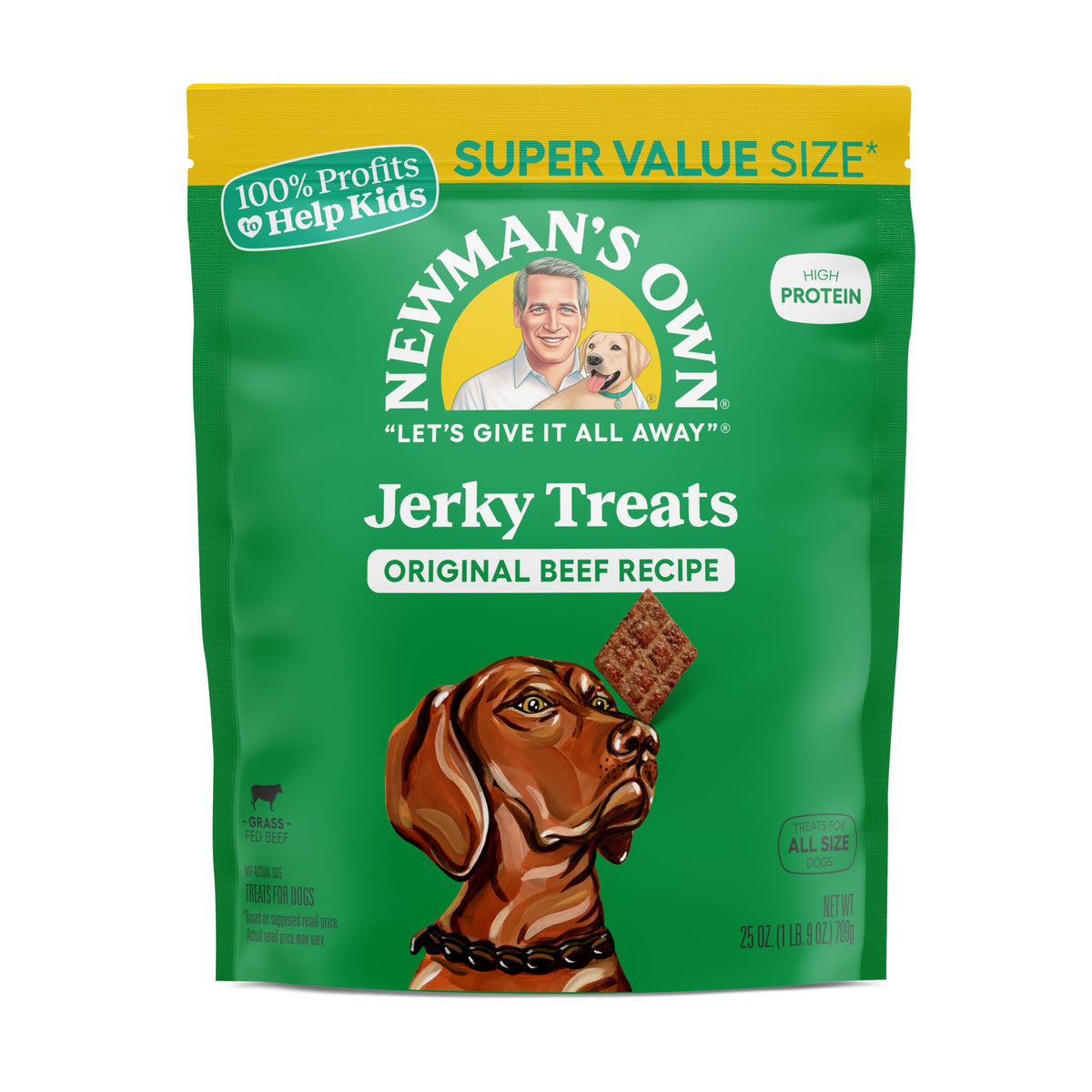Newman's Own beef jerky dog treats bag front, ideal for rewarding dogs.