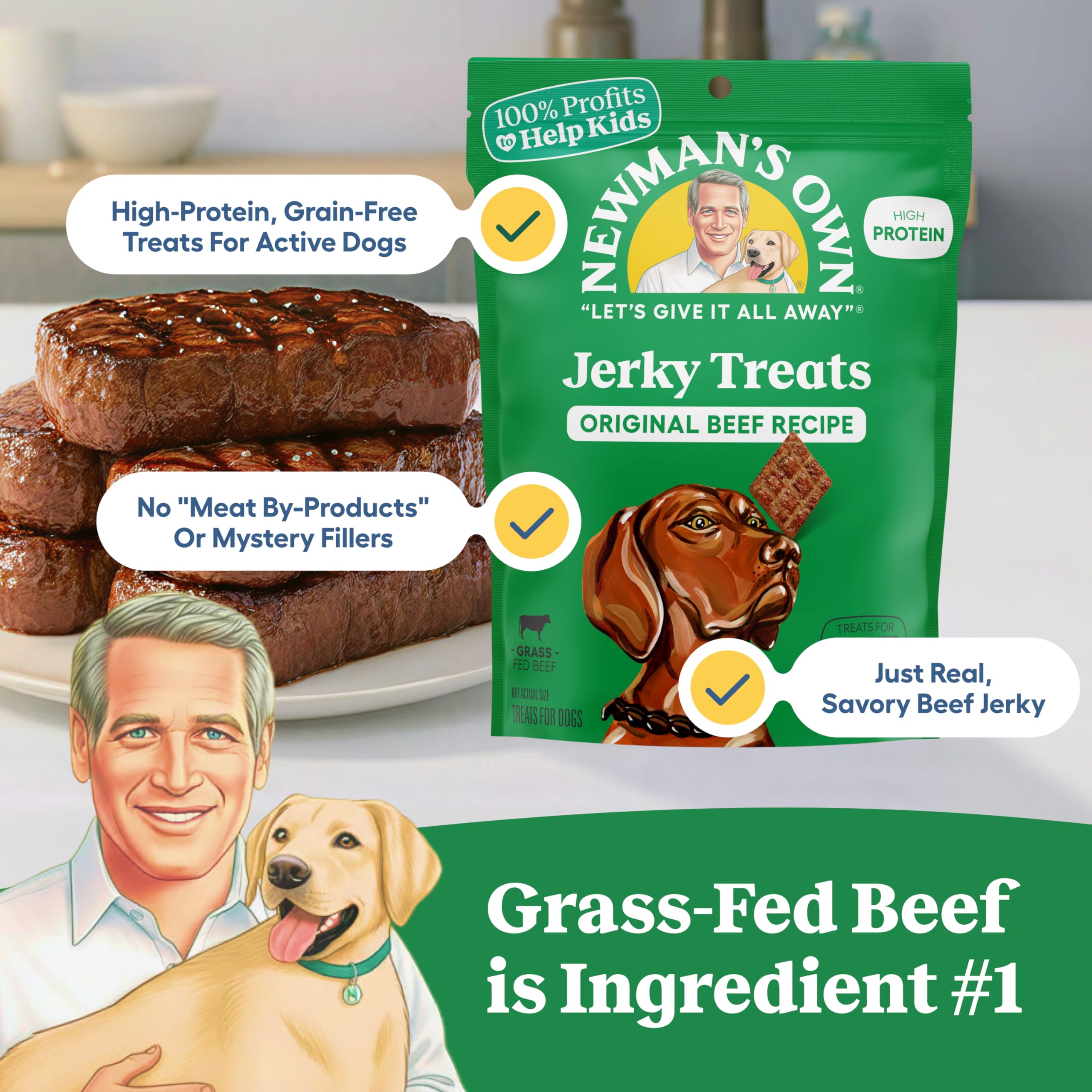 Newman's Own grass-fed beef jerky image highlighting first ingredient quality.