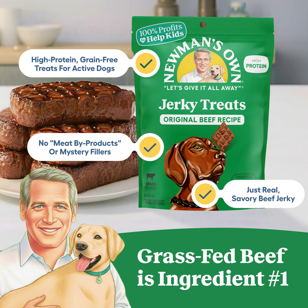 Newman's Own grass-fed beef jerky image highlighting first ingredient quality.