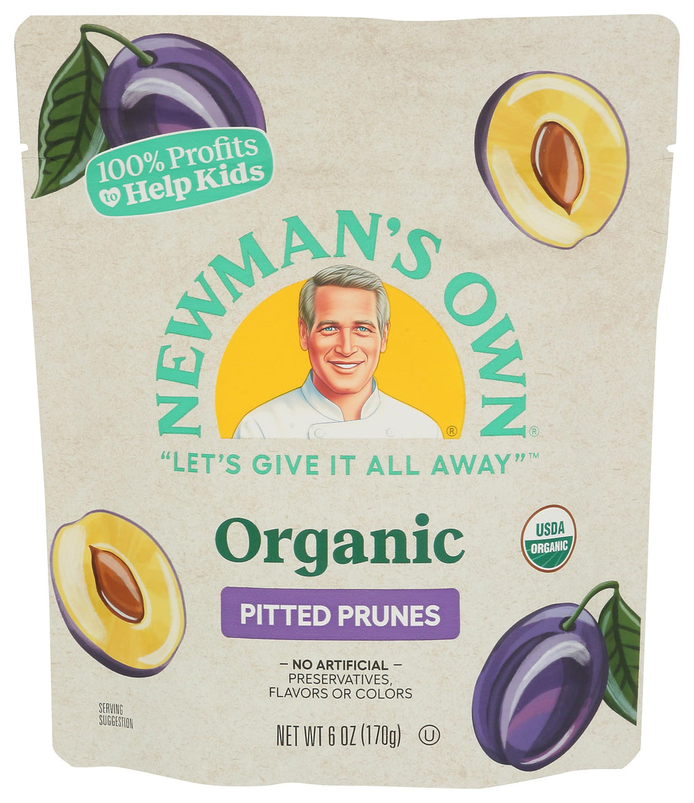 Newman's Own Organic Prunes 6 Oz packaging showing organic certification and no sulfites