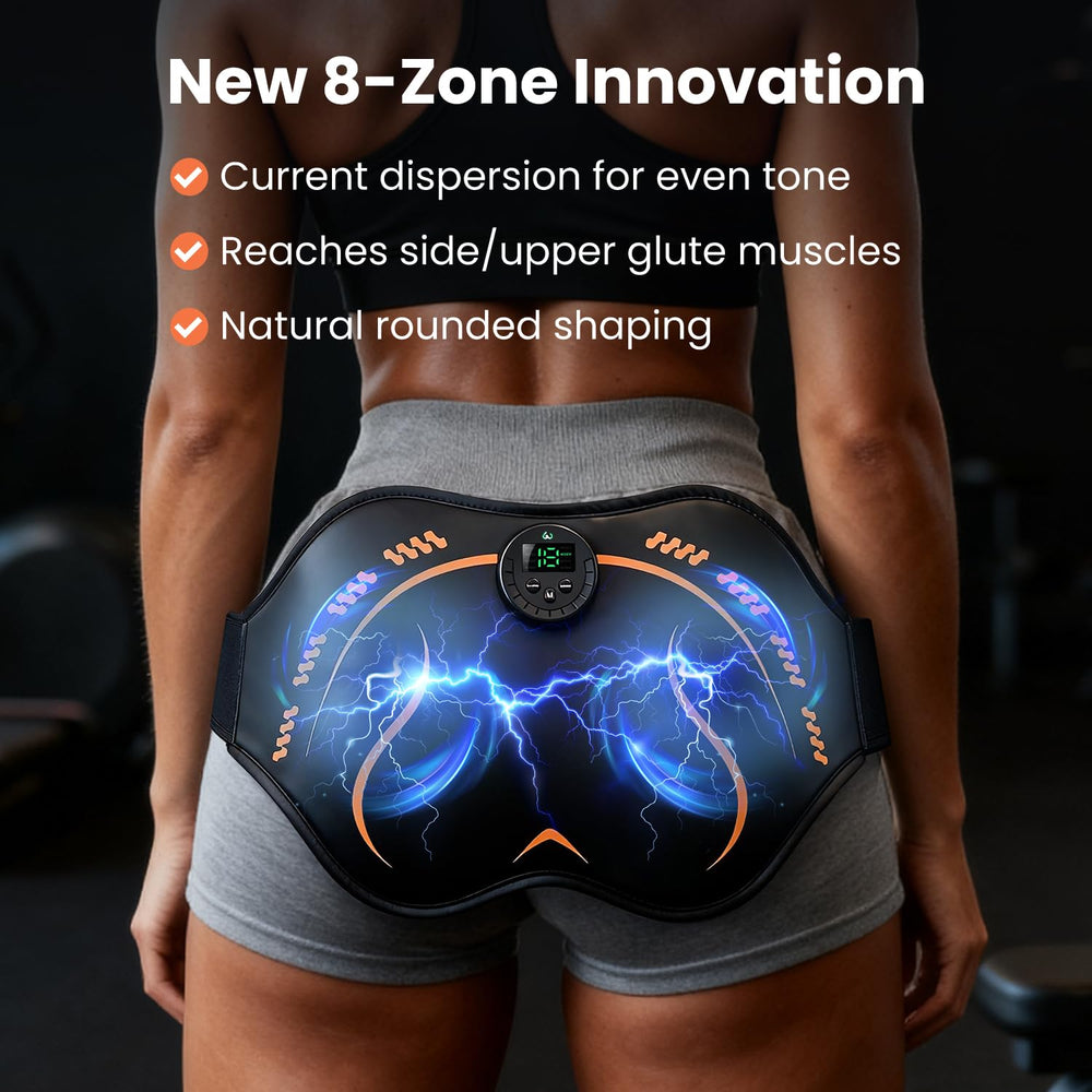 NEWPINE Glute Abs Stimulator Belt close-up illustrates versatile EMS muscle toning.