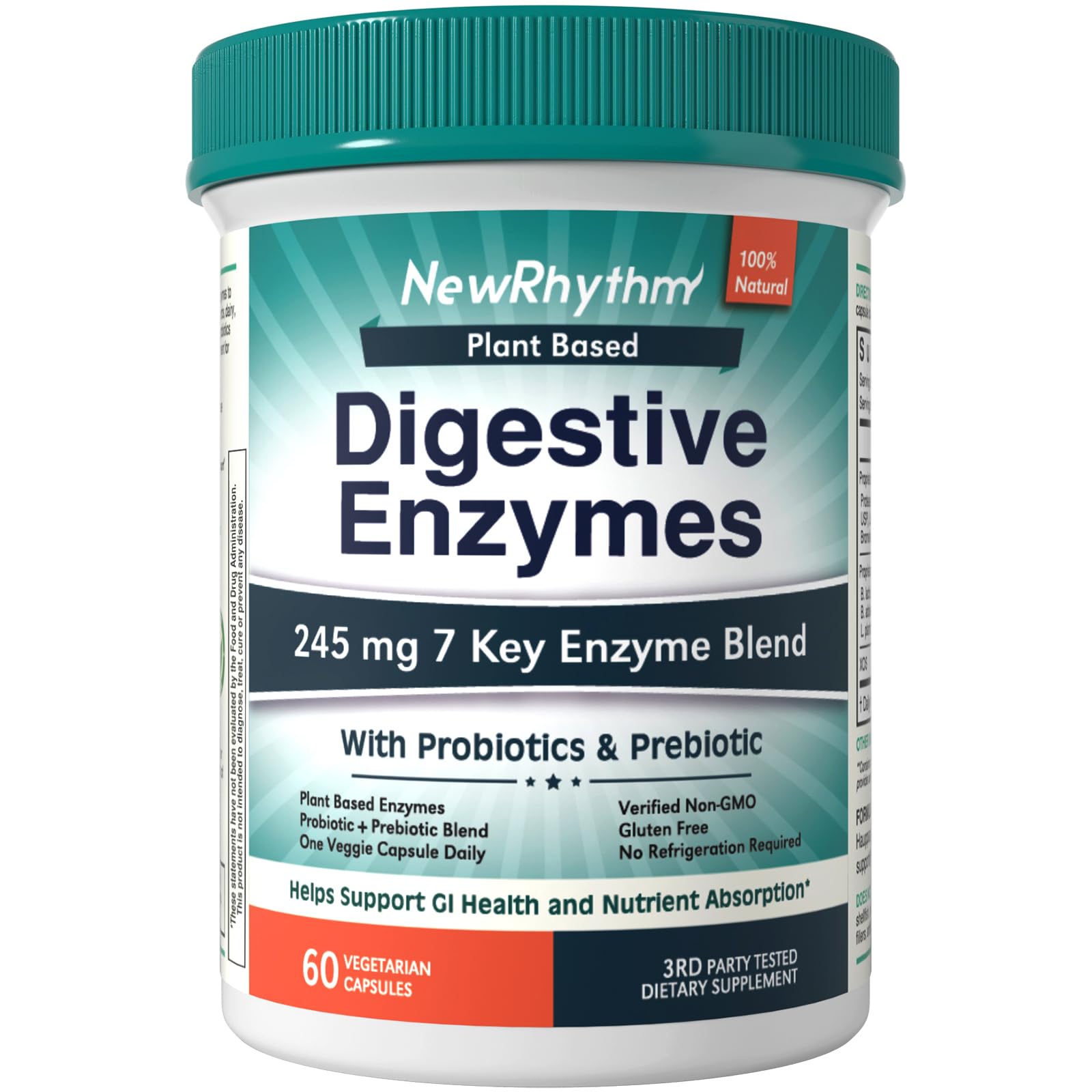 NewRhythm Digestive Enzymes bottle view showing plant-based capsules for daily digestion support