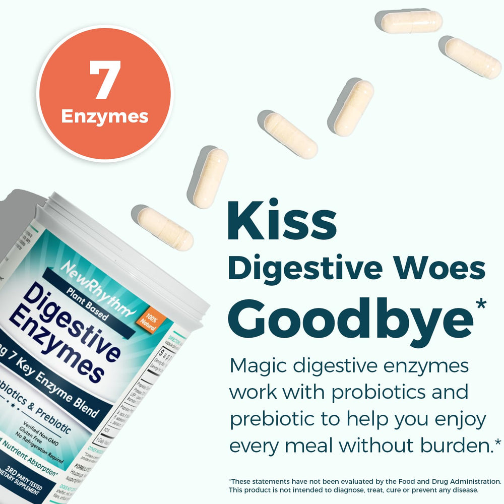 NewRhythm Digestive Enzymes seven-enzyme blend chart highlights proteins, carbs, and fats digestion