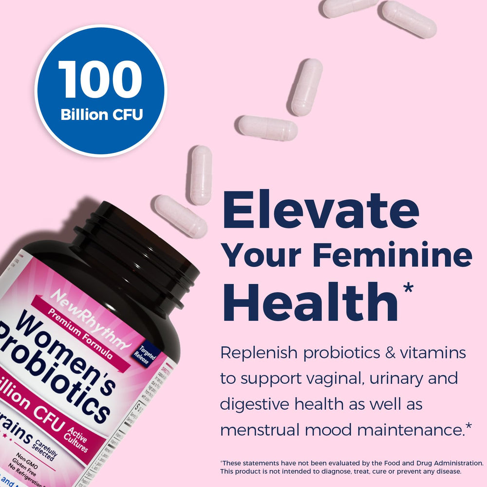 NewRhythm Probiotics label highlights 100B CFU and 18 strains for diverse support.
