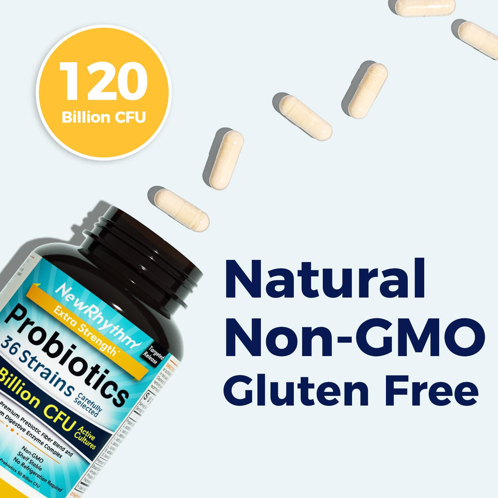 NewRhythm Probiotics label details highlight 36 strains and vegan formulation.