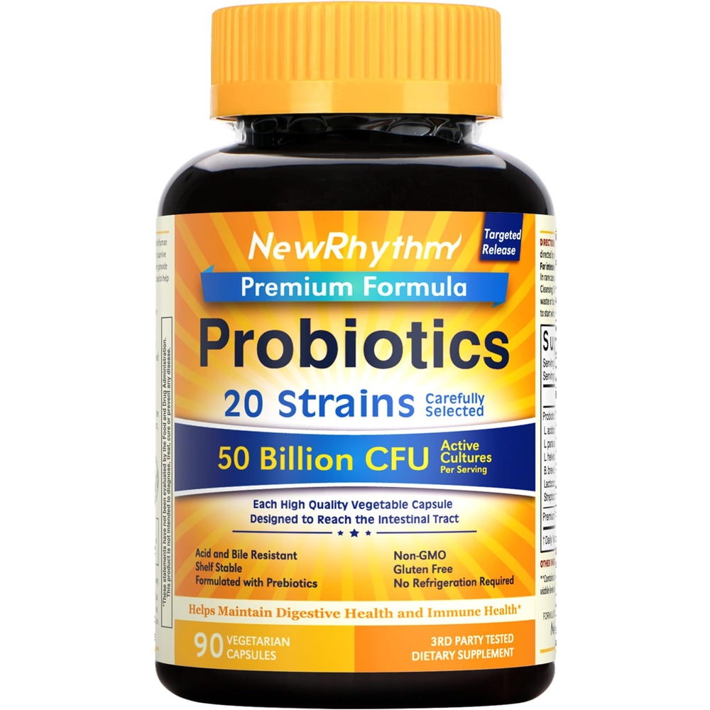 NewRhythm Probiotics bottle highlights 50 Billion CFU for digestive balance.