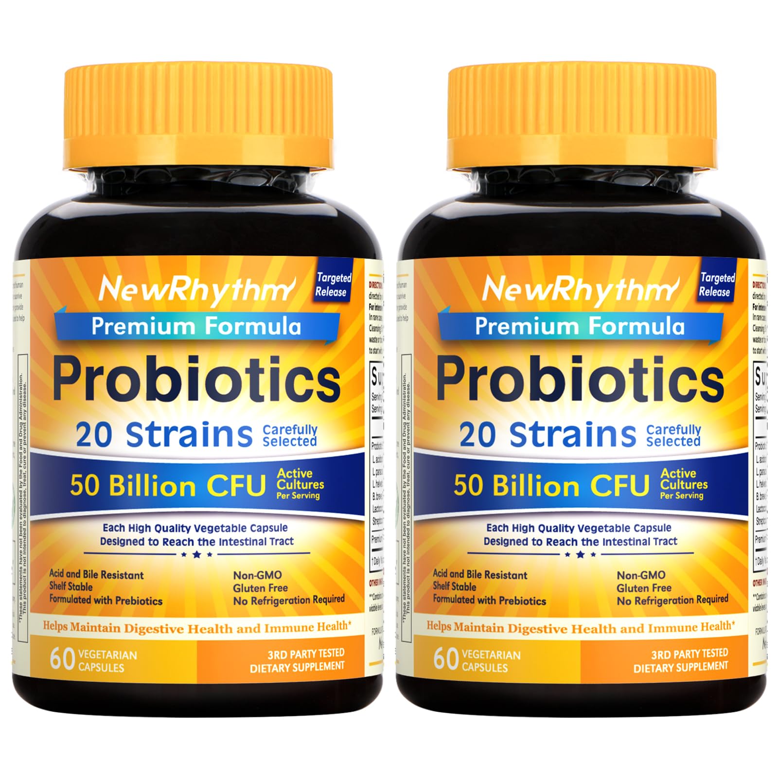 NewRhythm Probiotics bottle with 50B CFU capsules for daily gut support.