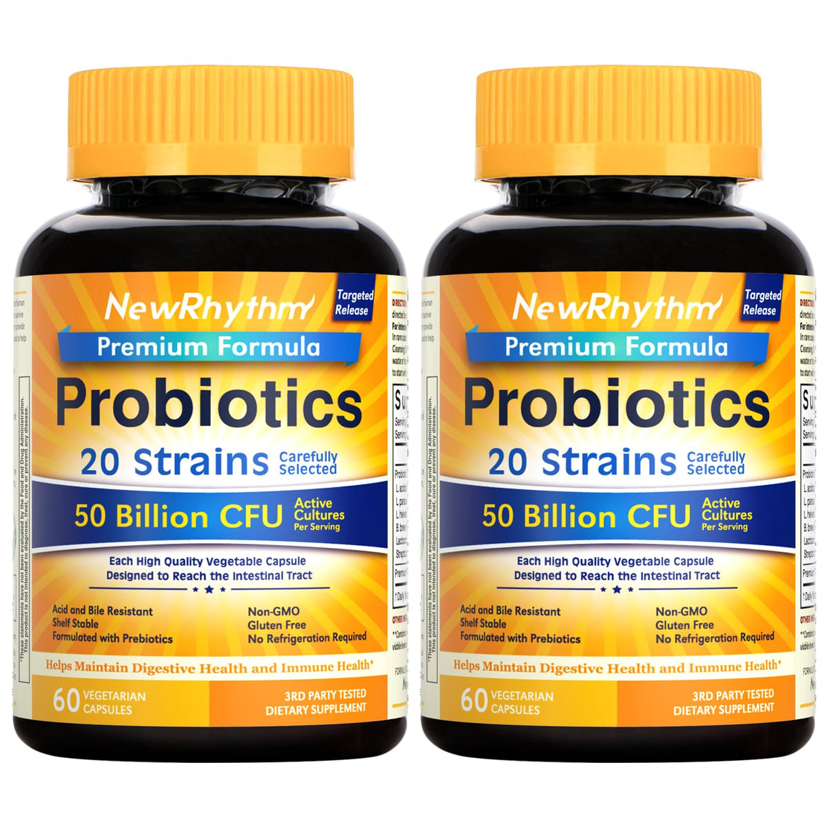 NewRhythm Probiotics bottle with 50B CFU capsules for daily gut support.