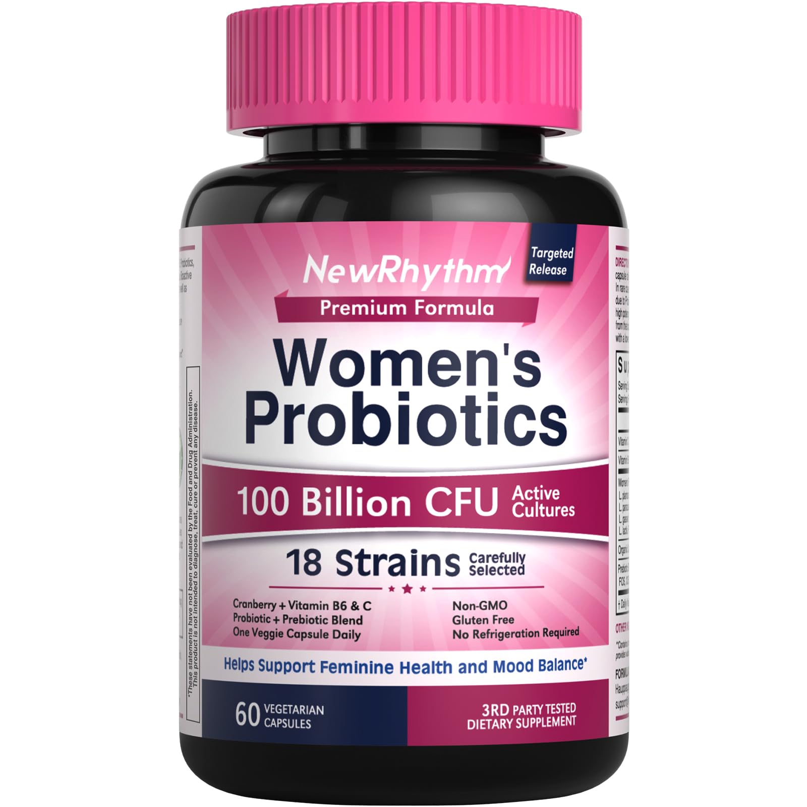 NewRhythm Women’s Probiotics bottle showing convenient daily capsules for gut and vaginal balance.