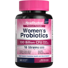 NewRhythm Women’s Probiotics bottle showing convenient daily capsules for gut and vaginal balance.