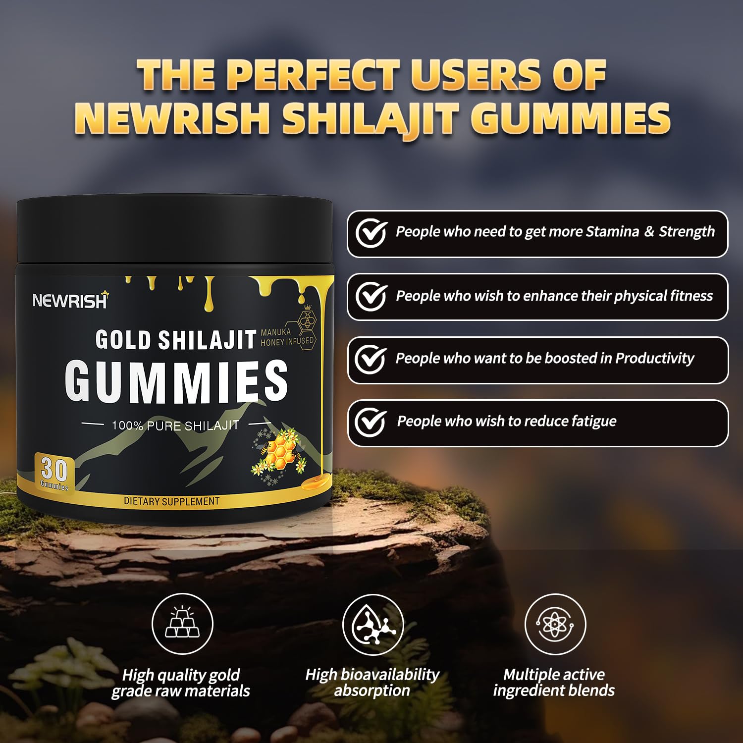Newrish Shilajit Gummies amber bottle close-up with natural flavor cue.