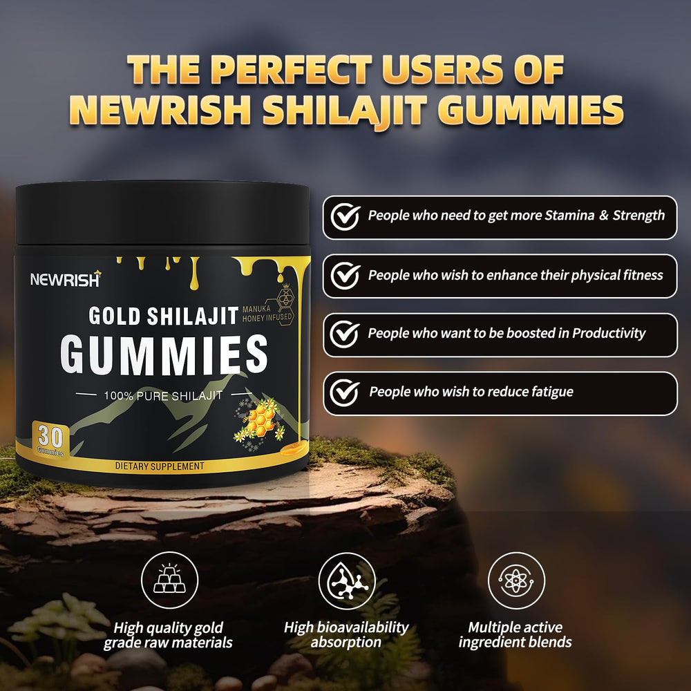 Newrish Shilajit Gummies amber bottle close-up with natural flavor cue.
