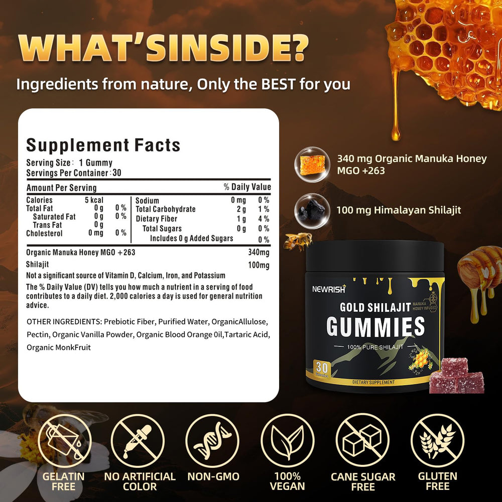 Newrish Shilajit Gummies label emphasizes clean, non-GMO formulation.