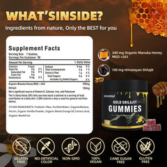Newrish Shilajit Gummies label emphasizes clean, non-GMO formulation.