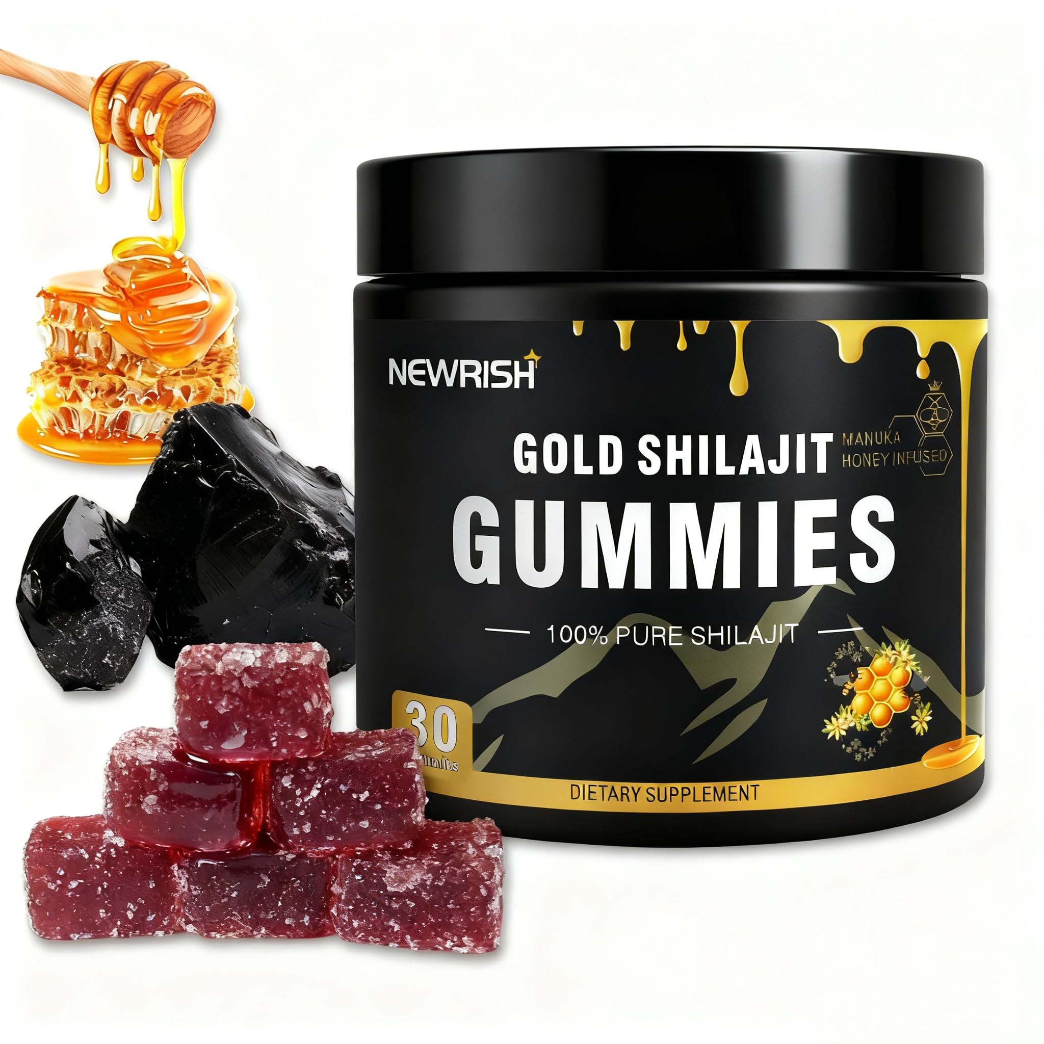 Newrish Shilajit Gummies with Manuka honey bottle for daily vitality.