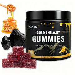 Newrish Shilajit Gummies with Manuka honey bottle for daily vitality.