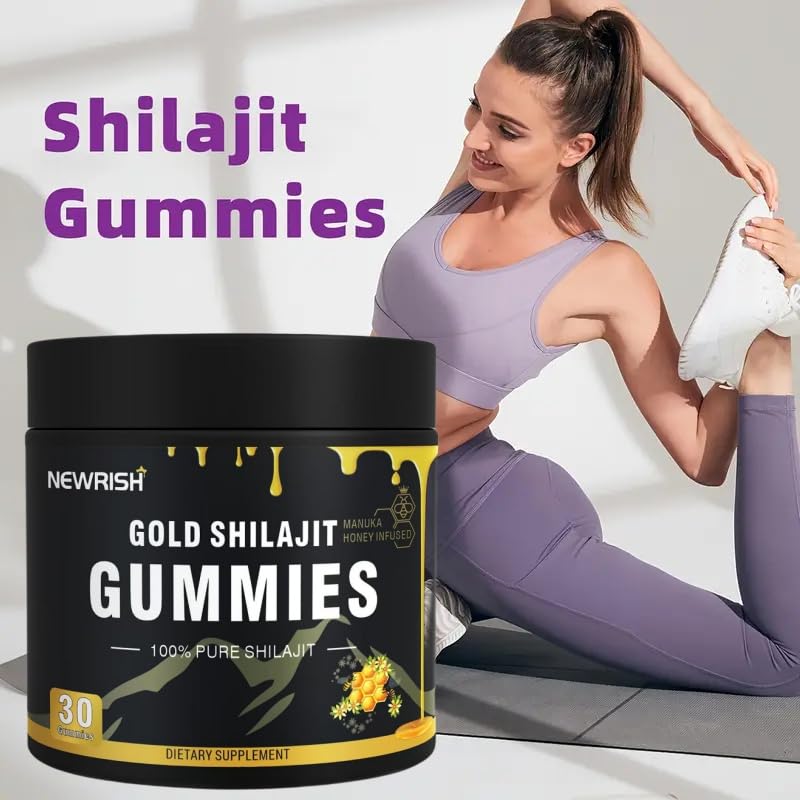 Newrish Shilajit Gummies pre-workout use with water bottle.