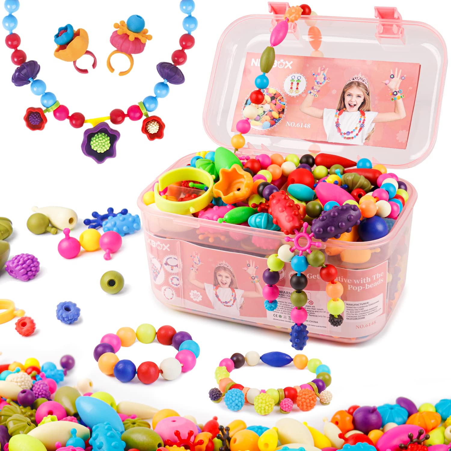 NEXBOX Girls Jewelry Kit: box open with beads and tools for creative, mess-free play.