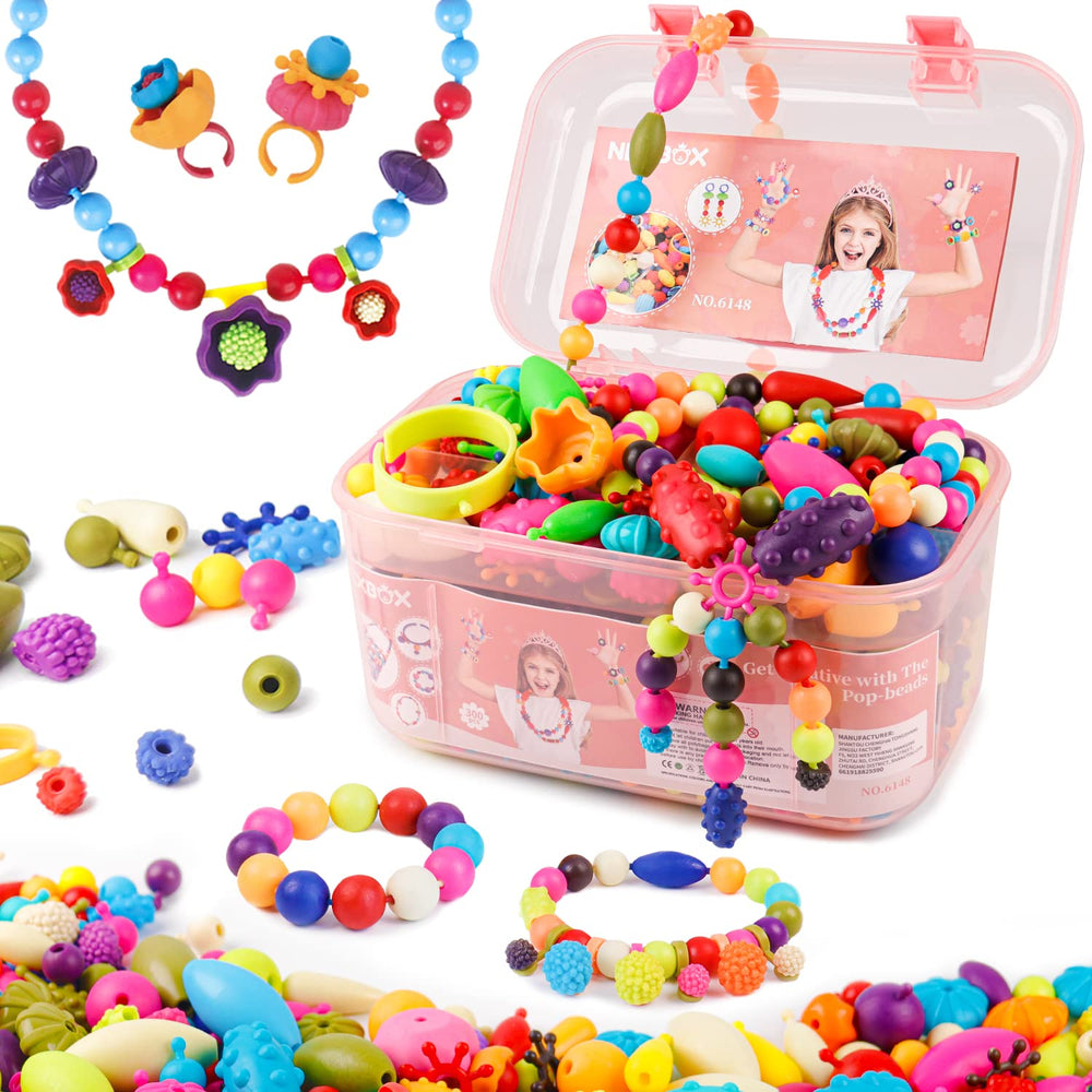 NEXBOX Girls Jewelry Kit: box open with beads and tools for creative, mess-free play.