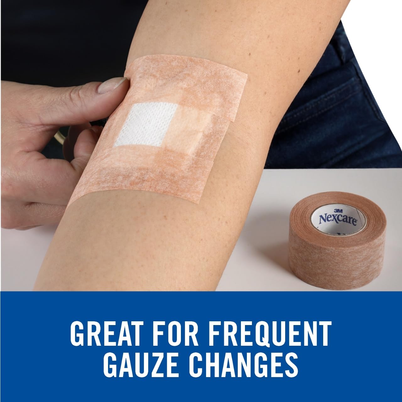 Close-up of Nexcare Gentle Paper Tan Tape showing breathable adhesive.