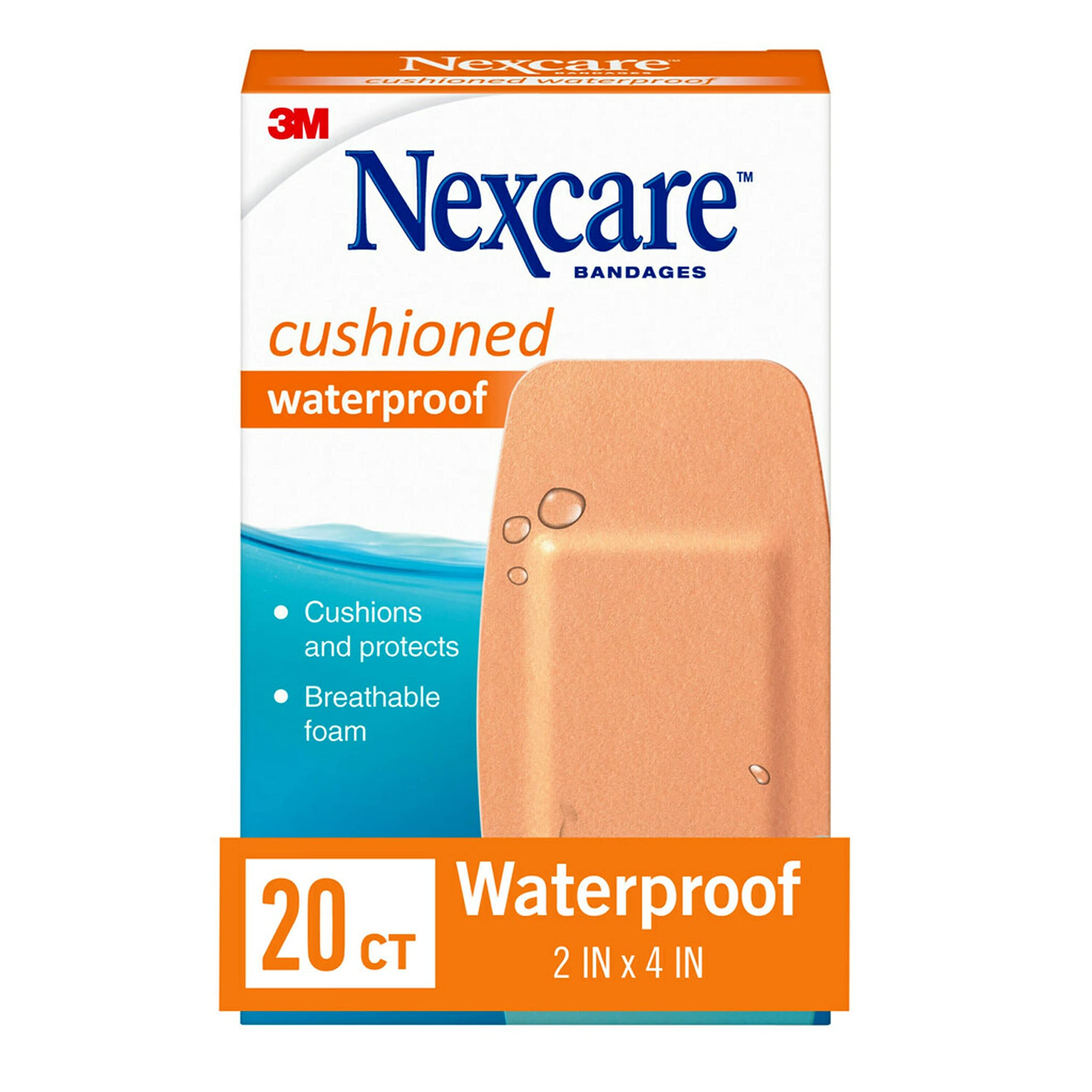 Nexcare waterproof cushioned bandage on knee/elbow providing durable protection during activity