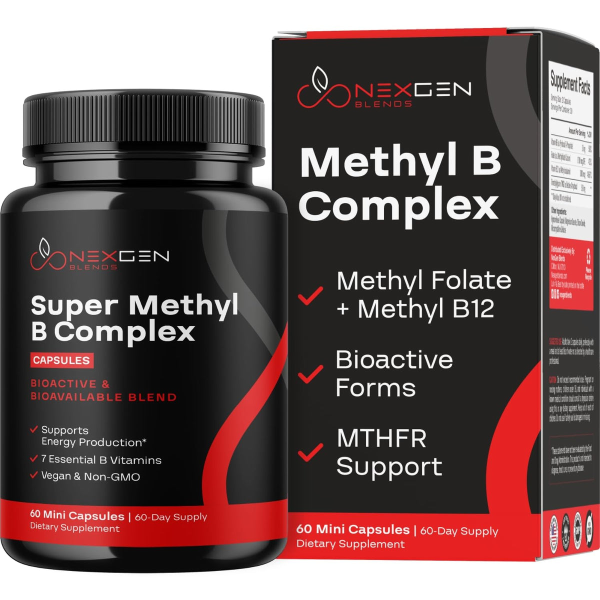 NexGen Blends Methylated B Complex bottle label highlights bioactive vitamins for better absorption