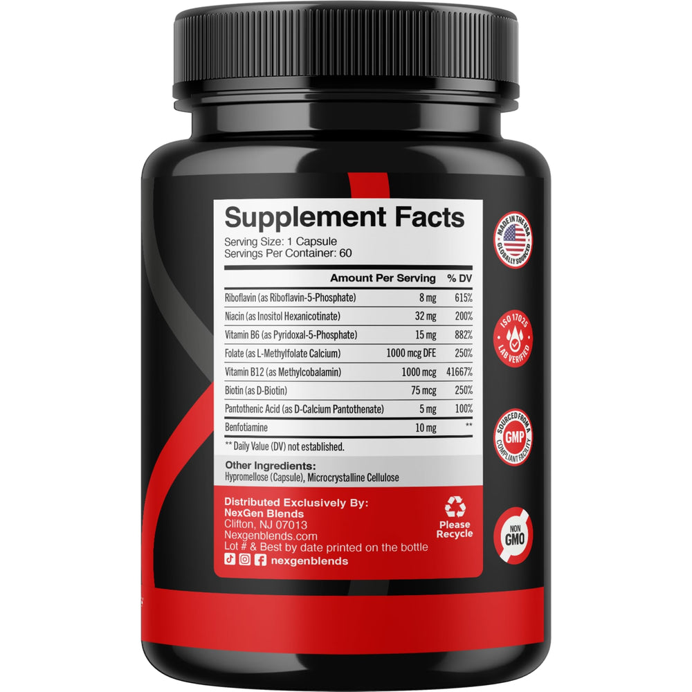 NexGen Blends Methylated B Complex capsules closeup shows easy‑to‑swallow form