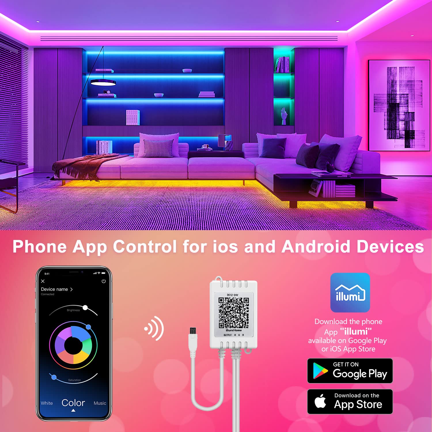 Nexillumi LED strip with remote control for quick lighting adjustments.