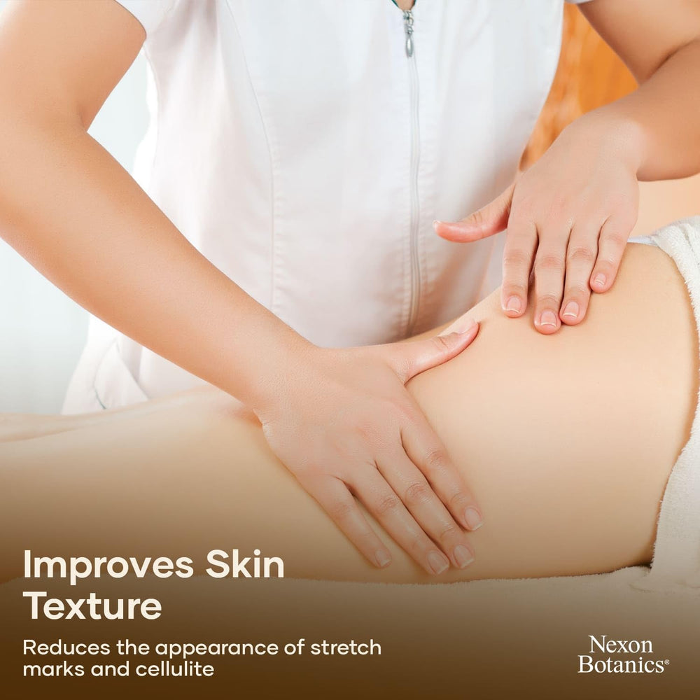 Nexon Botanics anti cellulite oil ingredients close up with vegan collagen