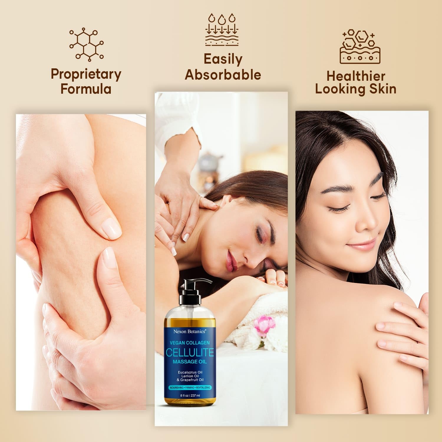 Nexon Botanics anti cellulite oil packaging on shelf