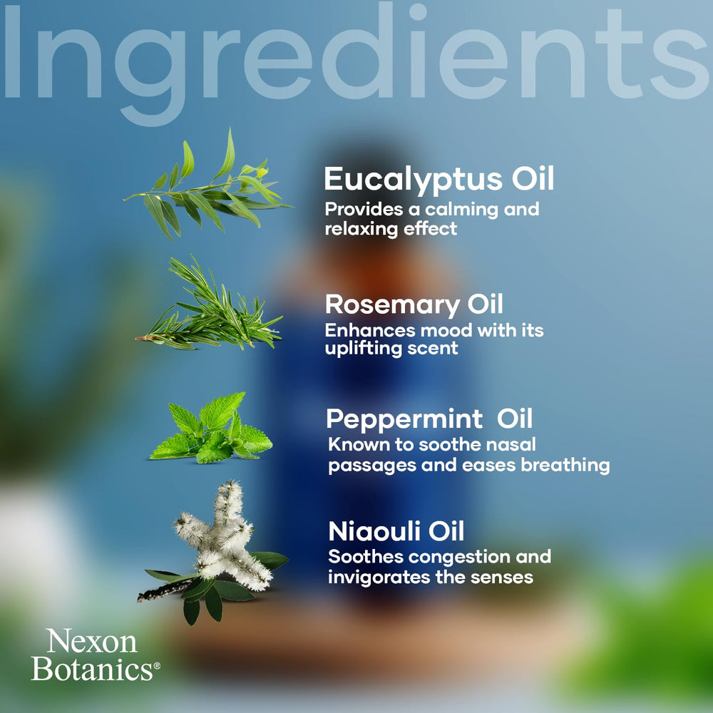 Nexon Botanics Breathe closeup bottle showing hexane-free, therapeutic-grade oils for clean-air aromatherapy.