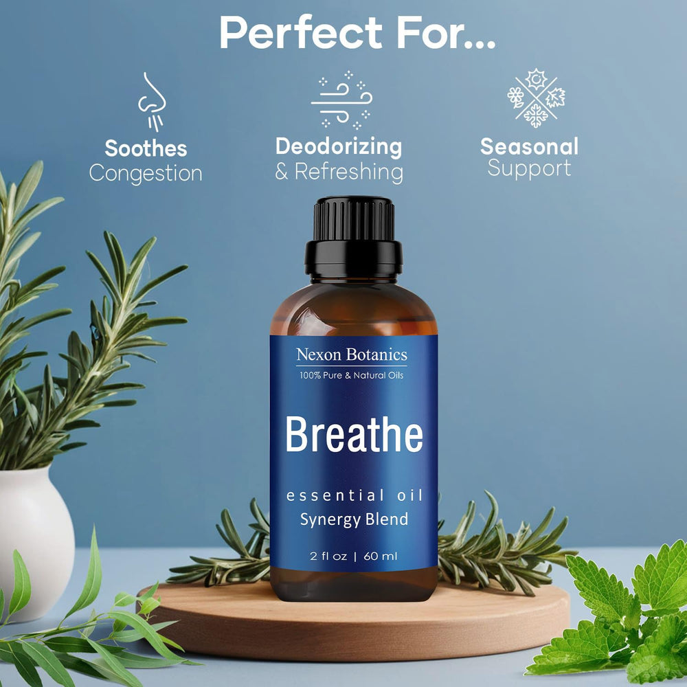 Nexon Botanics Breathe ingredient list highlights eucalyptus and peppermint for refreshing notes.