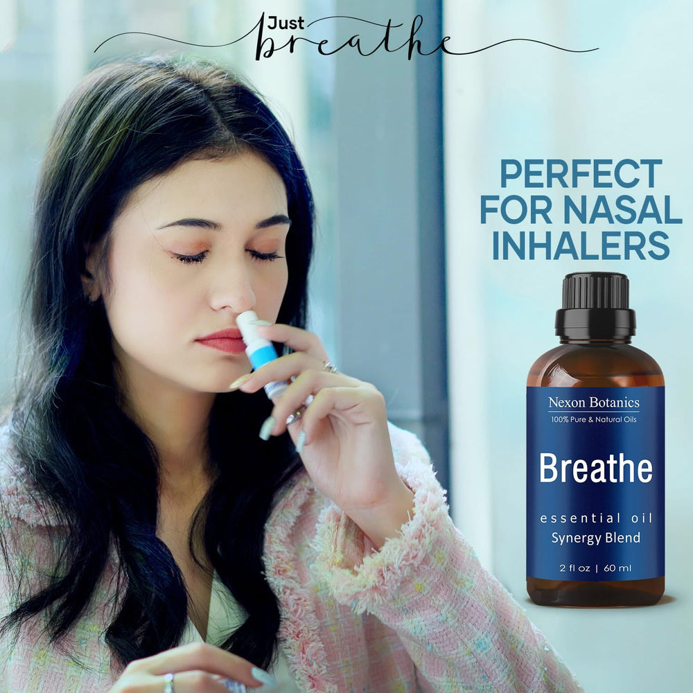 Nexon Botanics Breathe bottle shown with MCT dilution for safe skin application.