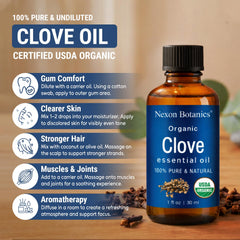 Nexon Botanics clove oil dropper close-up emphasizing purity.