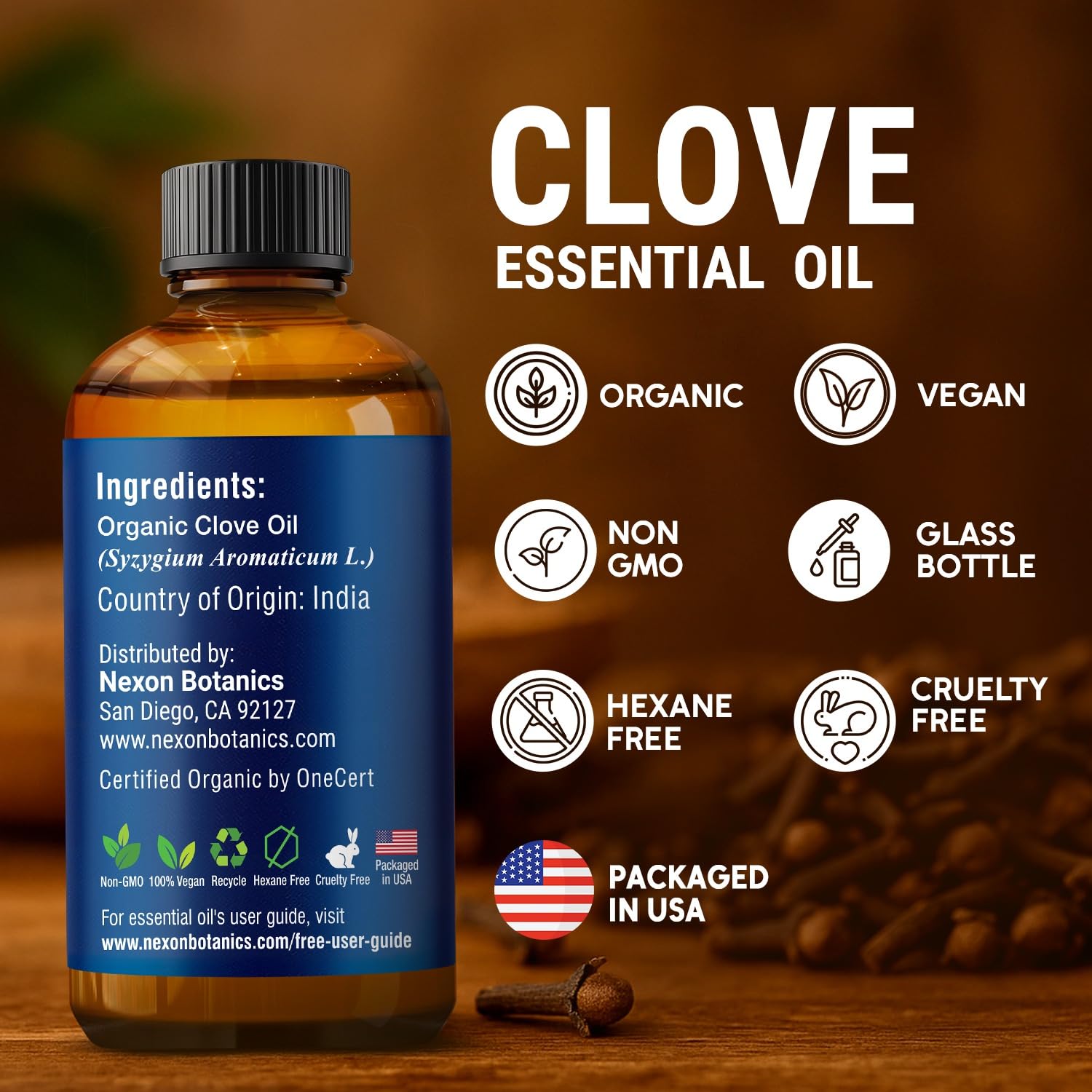 USA-packaged Nexon Botanics clove oil on display.