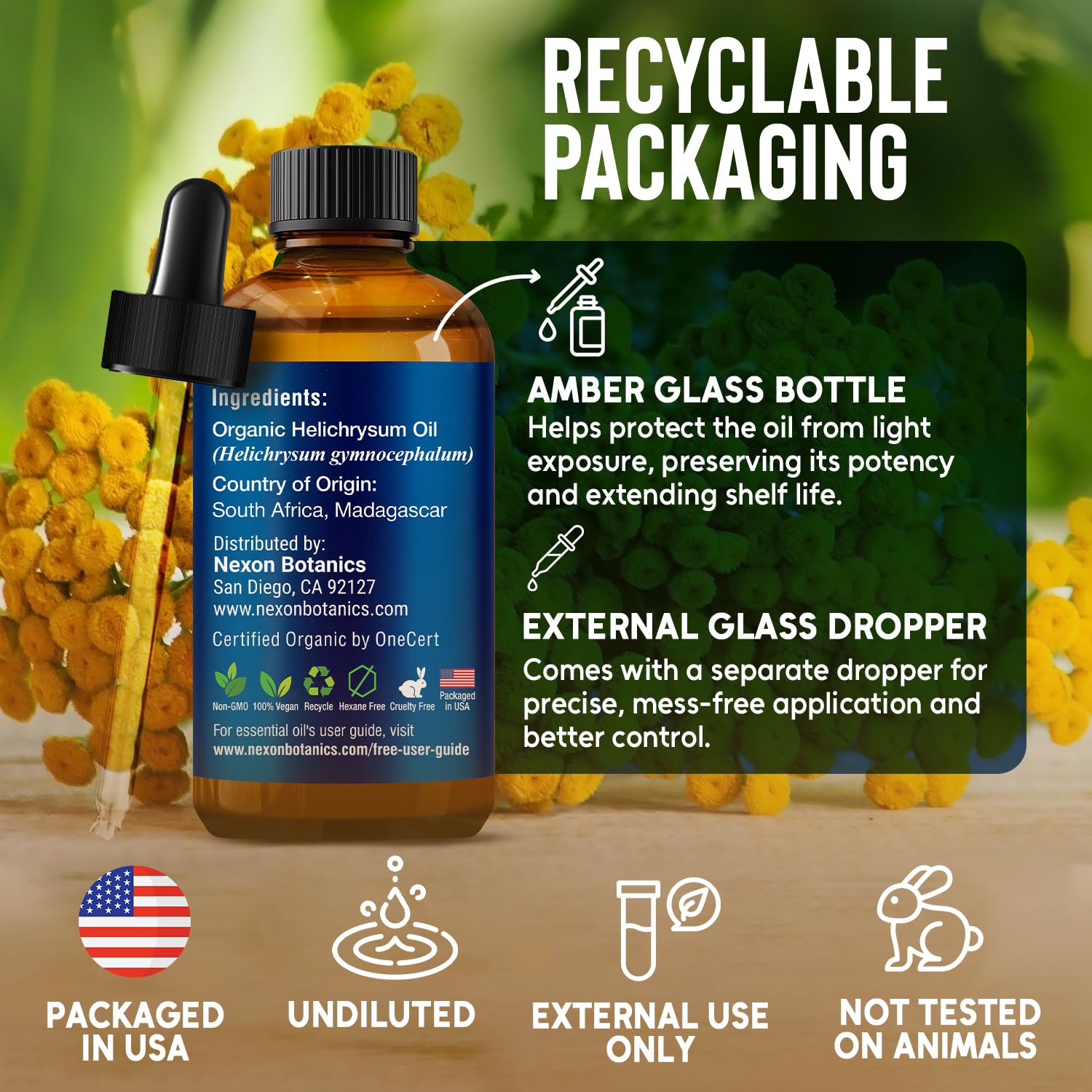 Nexon Botanics Helichrysum oil bottle with cap highlighting airtight packaging