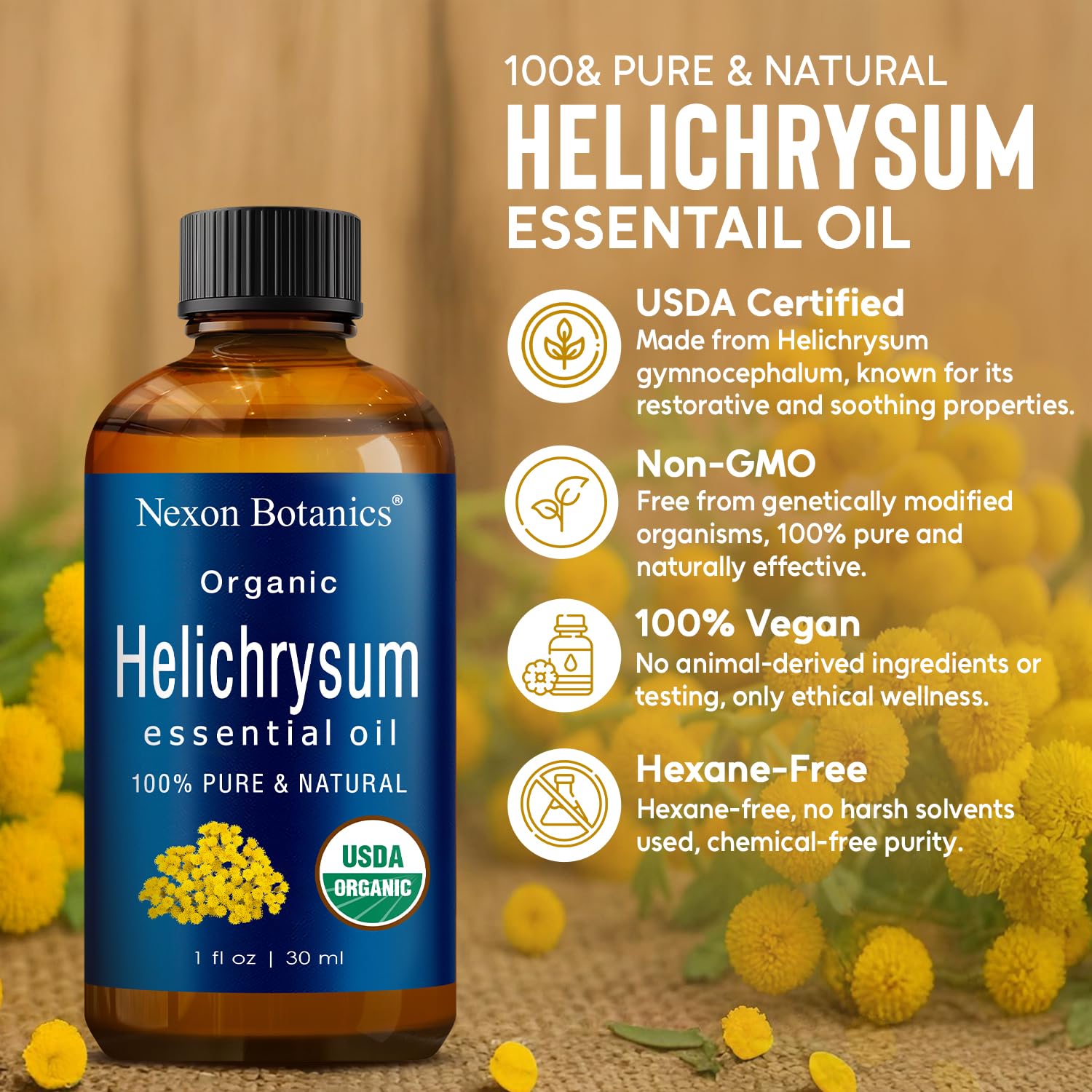 Nexon Botanics Helichrysum oil in a diffuser setup for calming, spa-like ambiance