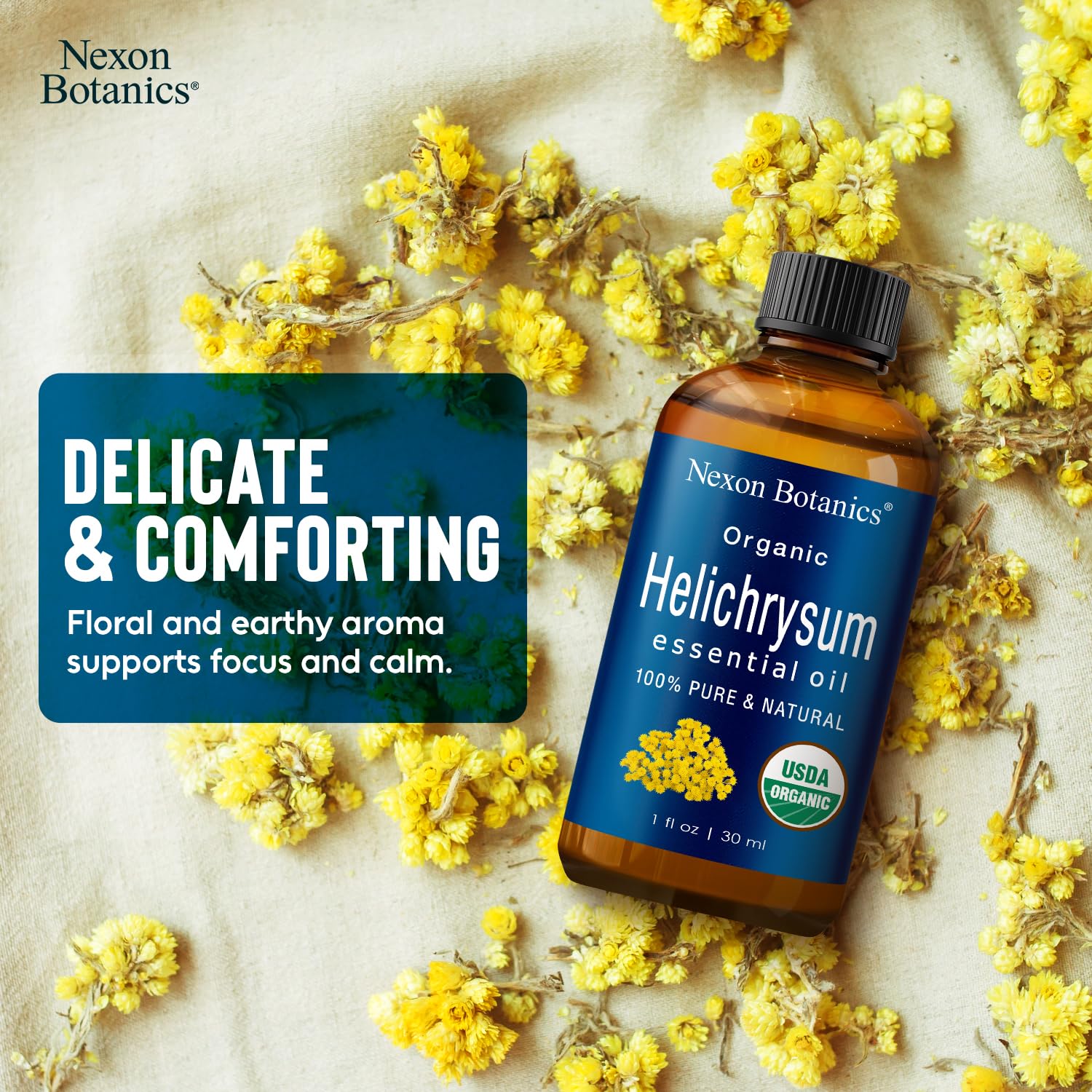 Nexon Botanics Helichrysum oil in a diffuser adding calm fragrance