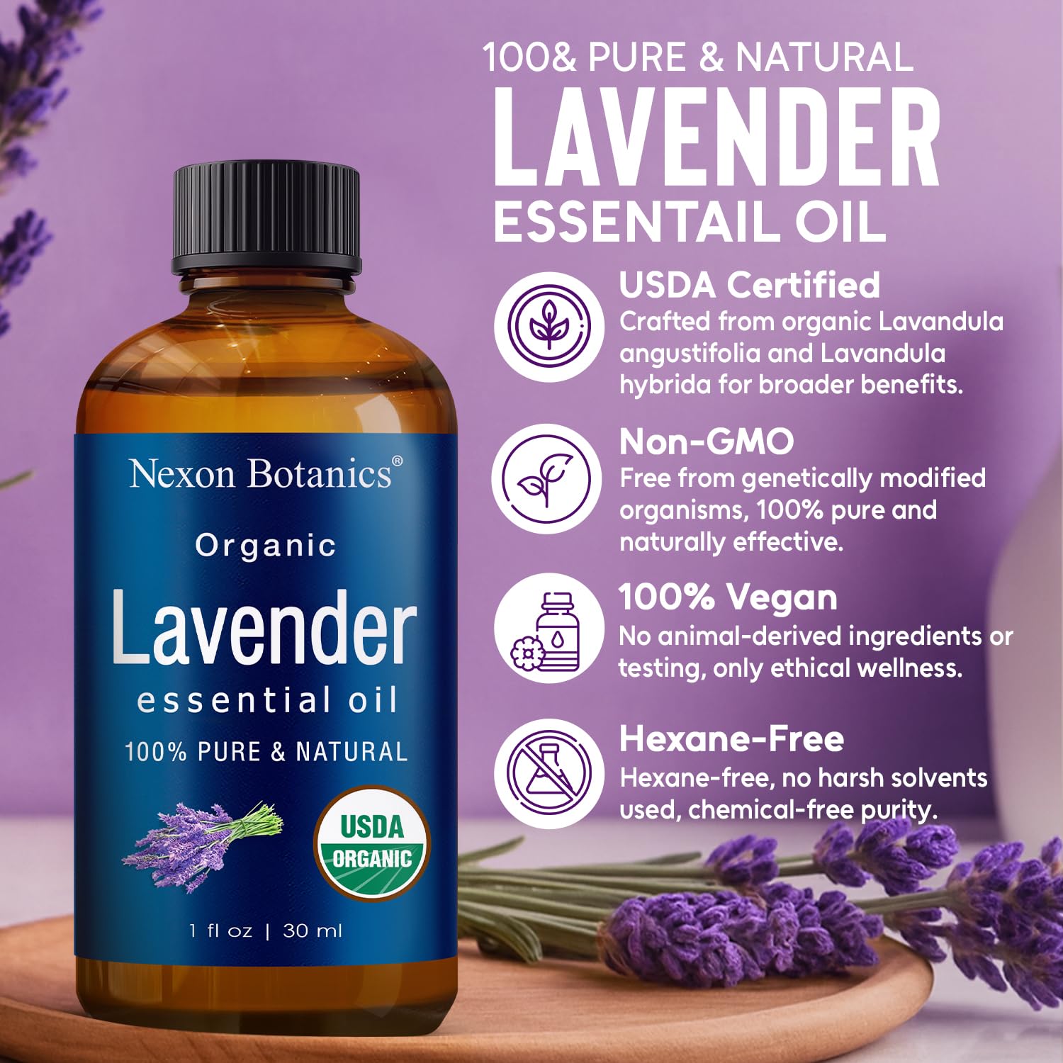 Nexon Botanics lavender oil ready for diffuser use to create a calming ambiance