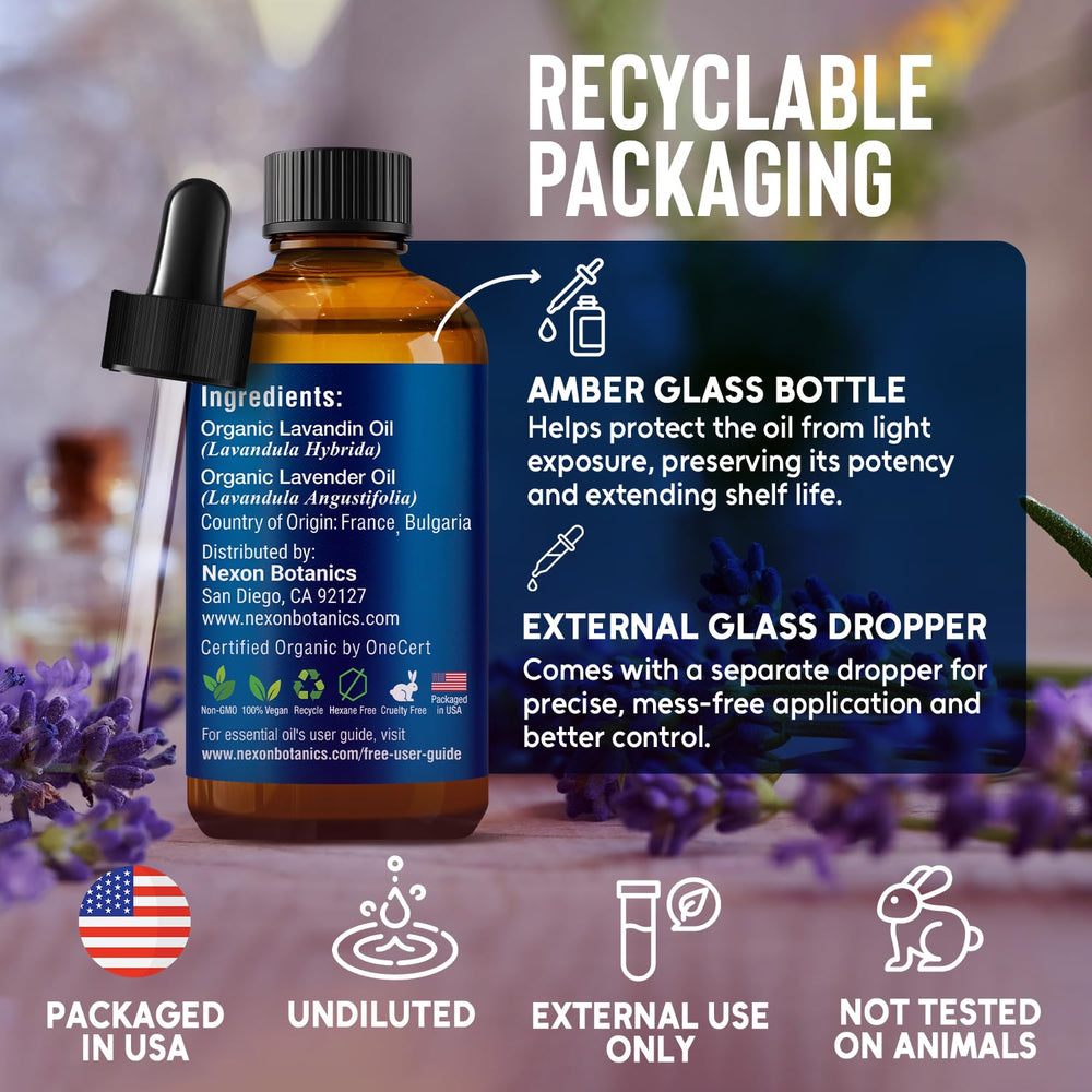 Nexon Botanics lavender oil bottle shown for skin-dilution use with carrier oil