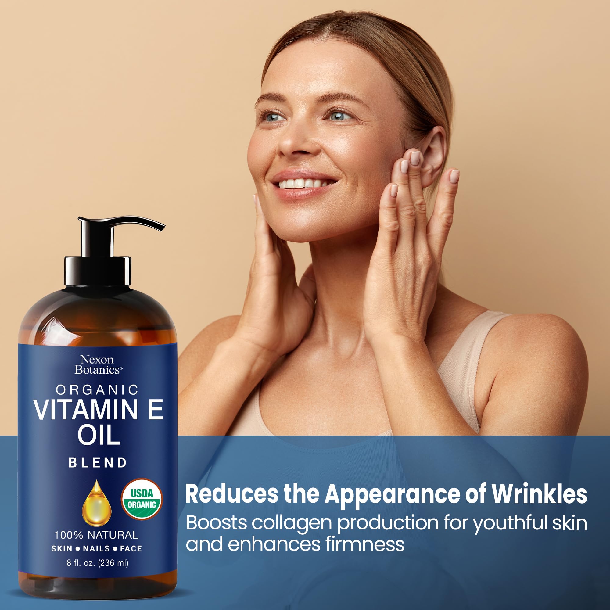 Nexon Botanics lavender-scented vitamin E oil bottle in a serene setting.