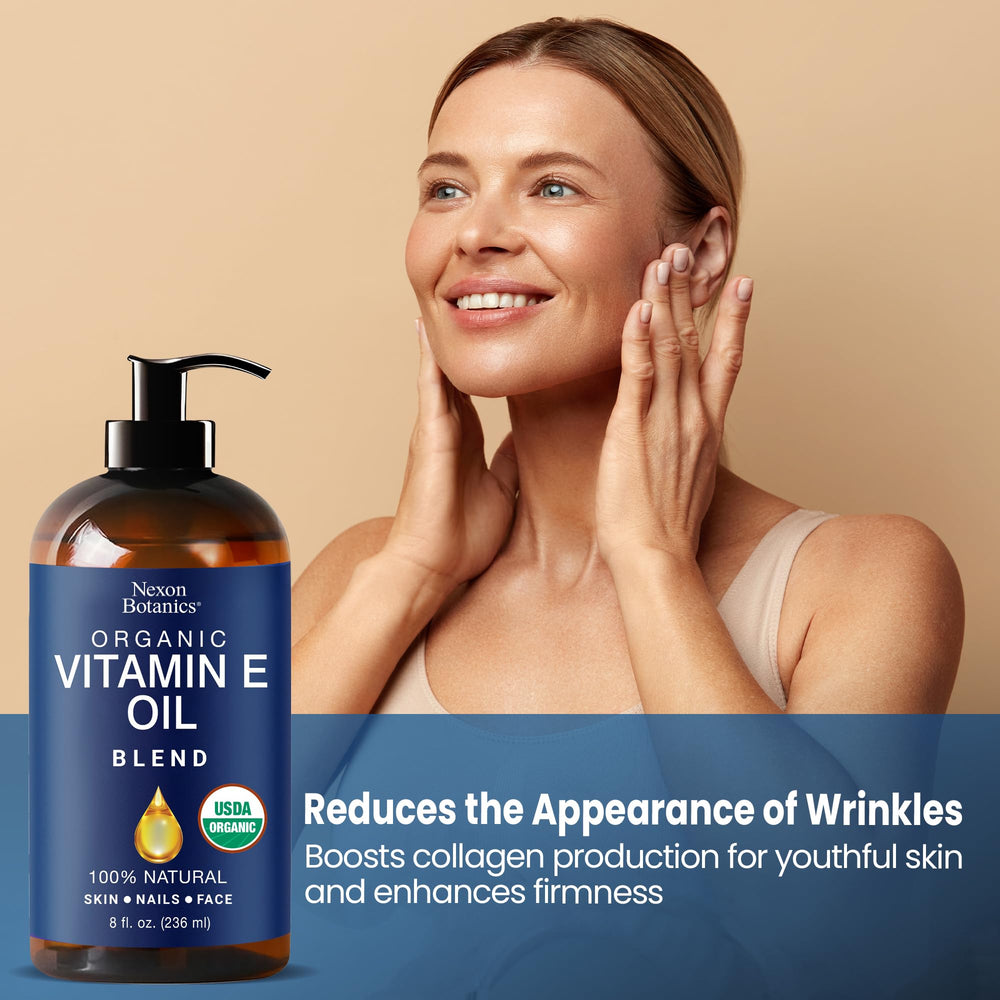 Nexon Botanics lavender-scented vitamin E oil bottle in a serene setting.