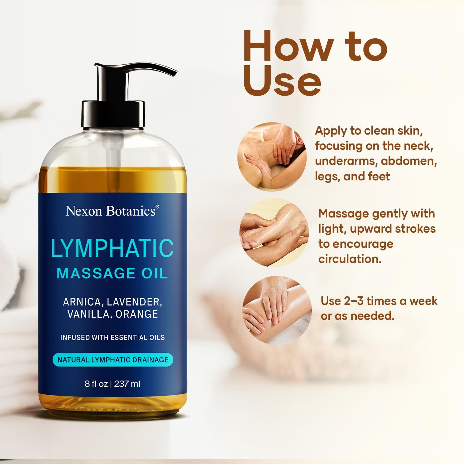 Nexon Botanics lymphatic drainage oil leg massage supports calm muscles and circulation