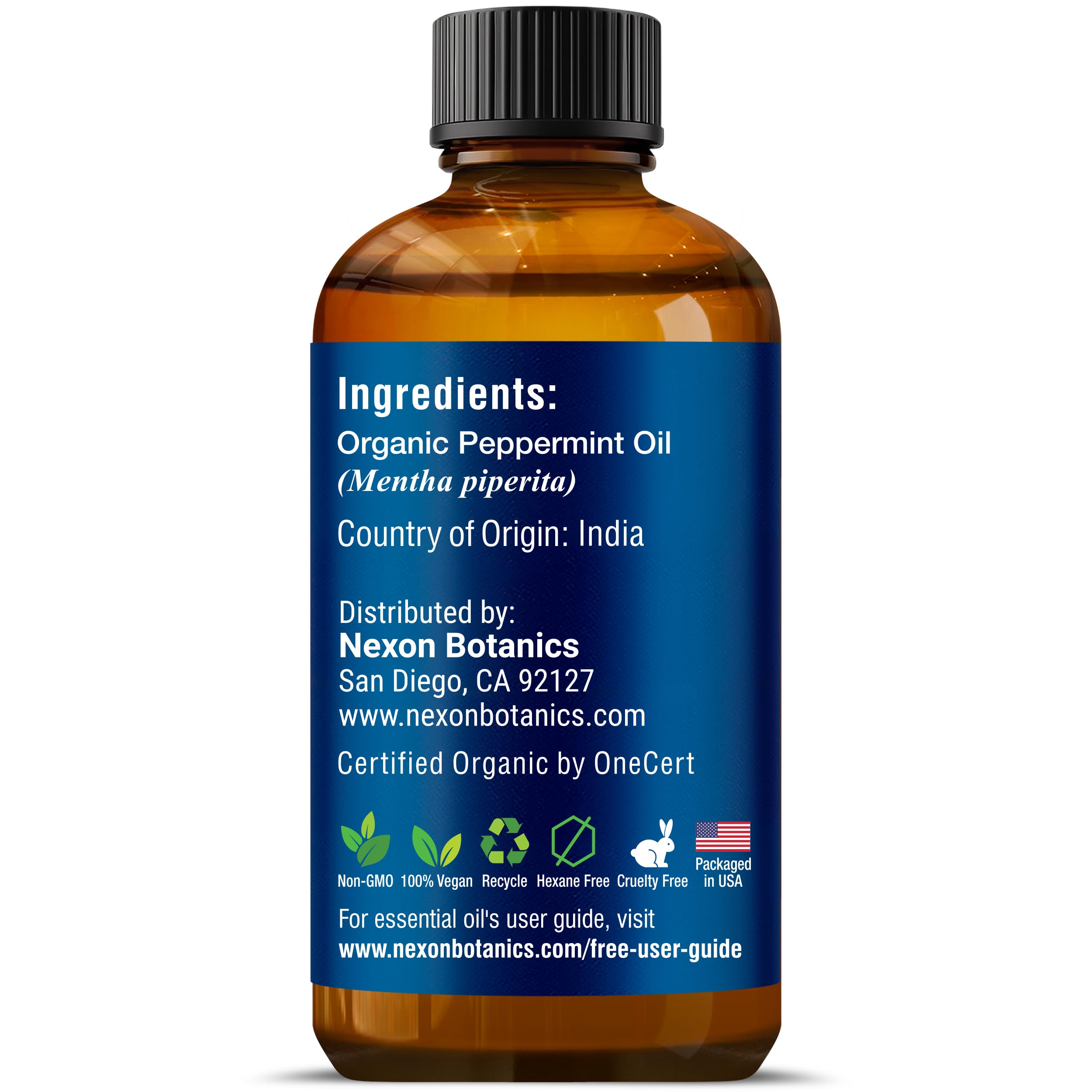 Nexon Botanics peppermint oil close-up bottle highlighting pure hexane-free formula