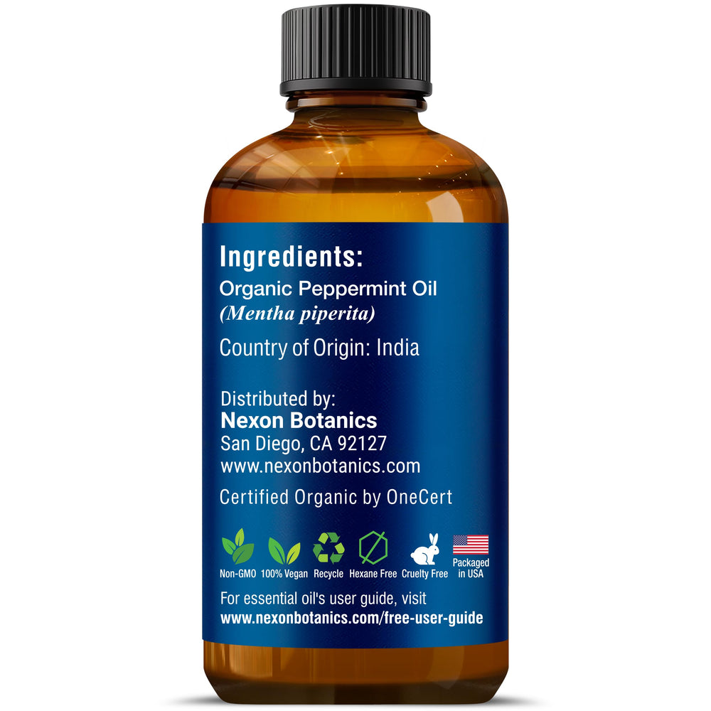 Nexon Botanics peppermint oil close-up bottle highlighting pure hexane-free formula
